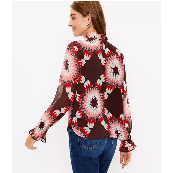 LOFT patchwork Ruffle Tie Neck long sleeve flowy Blouse XSP petite - Picture 2 of 13